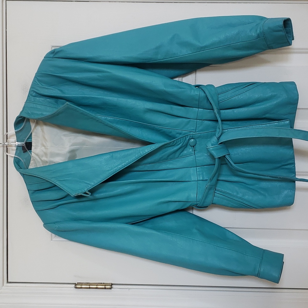 Vintage 80's Turquoise Leather Belted Jacket - Picture 3 of 15